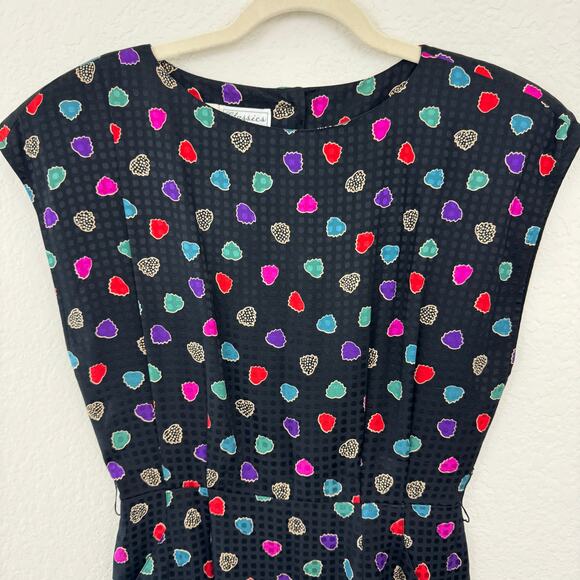Anne Klein Women Vintage 100%  Silk Midi Dress Size 8 Leaves Classic Black Print - Picture 3 of 11